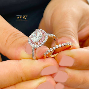 14k Solid White And Rose Gold Cushion Cut Moissanite and Natural Diamond Engagement Ring And Band Double Halo 2.60ct