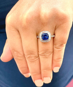 14K Solid White Gold Cushion Cut Blue Sapphire And Round Cut Simulated Diamonds Engagement Ring Wedding Anniversary 2.50ctw