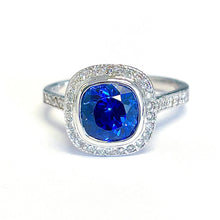 Load image into Gallery viewer, 14K Solid White Gold Cushion Cut Blue Sapphire And Round Cut Simulated Diamonds Engagement Ring Wedding Anniversary 2.50ctw
