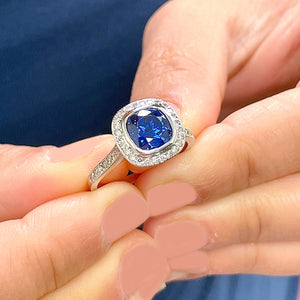 14K Solid White Gold Cushion Cut Blue Sapphire And Round Cut Simulated Diamonds Engagement Ring Wedding Anniversary 2.50ctw