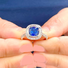 Load image into Gallery viewer, 14K Solid White Gold Cushion Cut Blue Sapphire And Round Cut Simulated Diamonds Engagement Ring Wedding Anniversary 2.50ctw
