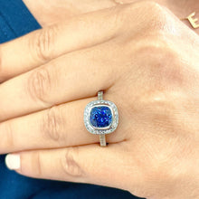 Load image into Gallery viewer, 14K Solid White Gold Cushion Cut Blue Sapphire And Round Cut Simulated Diamonds Engagement Ring Wedding Anniversary 2.50ctw
