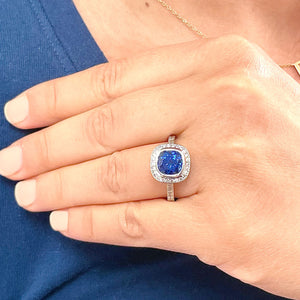 14K Solid White Gold Cushion Cut Blue Sapphire And Round Cut Simulated Diamonds Engagement Ring Wedding Anniversary 2.50ctw
