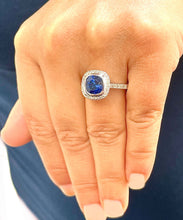 Load image into Gallery viewer, 14K Solid White Gold Cushion Cut Blue Sapphire And Round Cut Simulated Diamonds Engagement Ring Wedding Anniversary 2.50ctw
