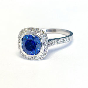 14K Solid White Gold Cushion Cut Blue Sapphire And Round Cut Simulated Diamonds Engagement Ring Wedding Anniversary 2.50ctw