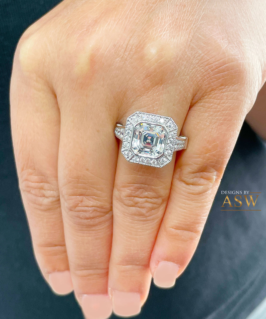 Heavy and Solid 14k White Gold Asscher Cut moissanite and diamonds bezel Engagement Ring wedding bridal Natural Diamonds 4.60ctw