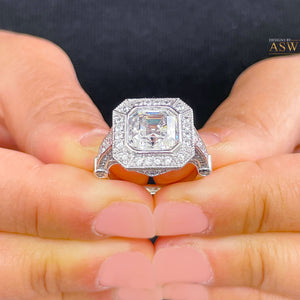 Heavy and Solid 14k White Gold Asscher Cut moissanite and diamonds bezel Engagement Ring wedding bridal Natural Diamonds 4.60ctw