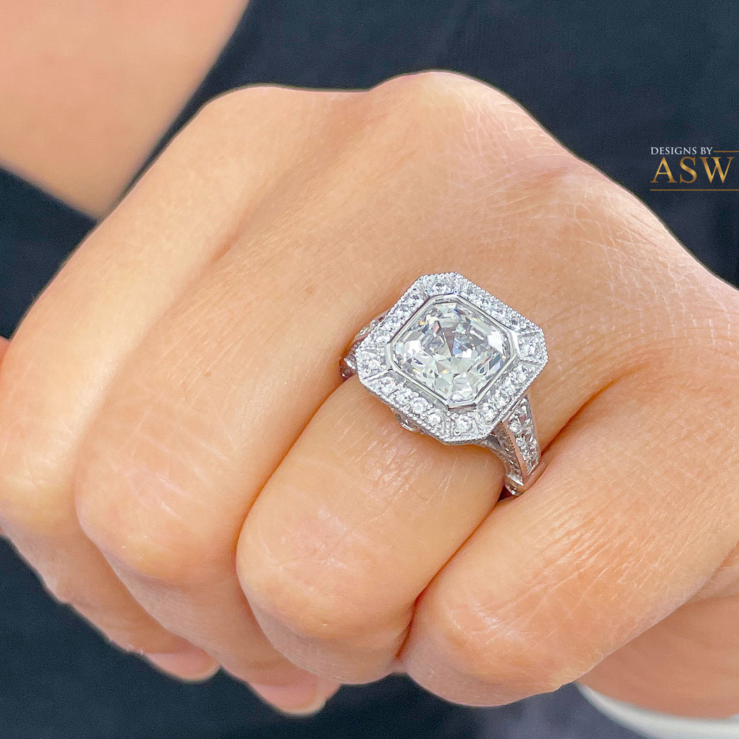 Heavy and Solid 14k White Gold Asscher Cut Forever one moissanite and diamonds bezel Engagement Ring wedding bridal Natural Diamonds 4.60ctw