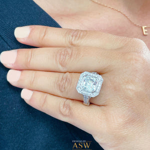 Heavy and Solid 14k White Gold Asscher Cut moissanite and diamonds bezel Engagement Ring wedding bridal Natural Diamonds 4.60ctw