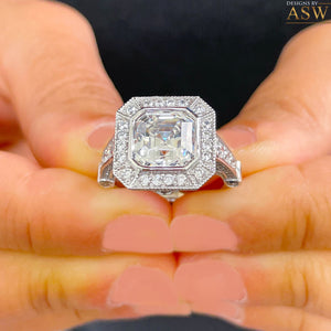 Heavy and Solid 14k White Gold Asscher Cut moissanite and diamonds bezel Engagement Ring wedding bridal Natural Diamonds 4.60ctw