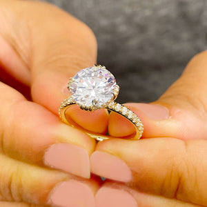 Large, Women's 14K Solid Yellow Gold Round Cut Moissanite and Natural Diamond Engagement Ring Halo Prong 4.50ct