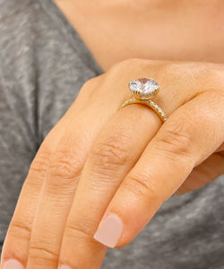 Large, Women's 14K Solid Yellow Gold Round Cut Moissanite and Natural Diamond Engagement Ring Halo Prong 4.50ct