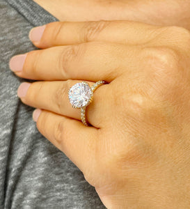 Large, Women's 14K Solid Yellow Gold Round Cut Moissanite and Natural Diamond Engagement Ring Halo Prong 4.50ct