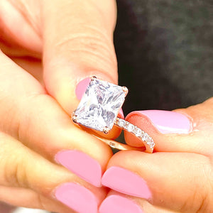 14K Solid Rose Gold Radiant Cut Moissanite And Round Cut Natural Diamonds Engagement Ring, Anniversary, Four prong, Solitaire 4.30ctw