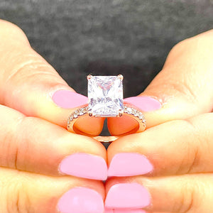 14K Solid Rose Gold Radiant Cut Moissanite And Round Cut Natural Diamonds Engagement Ring, Anniversary, Four prong, Solitaire 4.30ctw