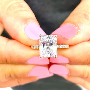14K Solid Rose Gold Radiant Cut Moissanite And Round Cut Natural Diamonds Engagement Ring, Anniversary, Four prong, Solitaire 4.30ctw