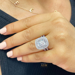 Large Double Halo 14k Solid White Gold Emerald Cut Moissanite and Round Cut Natural Diamond Engagement Ring And Band Bridal 6.30
