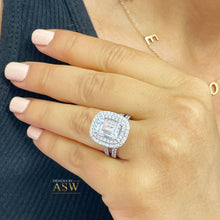 Load image into Gallery viewer, Large Double Halo 14k Solid White Gold Emerald Cut Moissanite and Round Cut Natural Diamond Engagement Ring And Band Bridal 6.30
