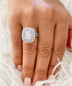 Large Double Halo 14k Solid White Gold Emerald Cut Moissanite and Round Cut Natural Diamond Engagement Ring And Band Bridal 6.30