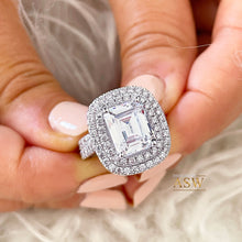 Load image into Gallery viewer, Large Double Halo 14k Solid White Gold Emerald Cut Moissanite and Round Cut Natural Diamond Engagement Ring And Band Bridal 6.30
