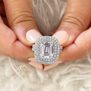 Large Double Halo 14k Solid White Gold Emerald Cut Moissanite and Round Cut Natural Diamond Engagement Ring And Band Bridal 6.30