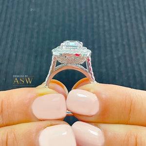 Large Double Halo 14k Solid White Gold Emerald Cut Moissanite and Round Cut Natural Diamond Engagement Ring And Band Bridal 6.30