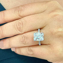 Load image into Gallery viewer, 14K Solid White Gold Radiant Cut Moissanite And Round Cut Natural Diamonds Engagement Ring, Anniversary, Four prong, Solitaire 4.30ctw
