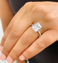 Load image into Gallery viewer, 14K Solid White Gold Radiant Cut Moissanite And Round Cut Natural Diamonds Engagement Ring, Anniversary, Four prong, Solitaire 4.30ctw
