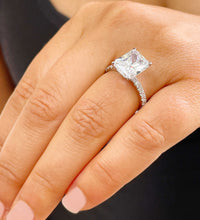 Load image into Gallery viewer, 14K Solid White Gold Radiant Cut Moissanite And Round Cut Natural Diamonds Engagement Ring, Anniversary, Four prong, Solitaire 4.30ctw
