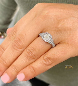14k Solid White Gold Cushion Cut Moissanite and Natural Round And Trapezoids Diamond Engagement Ring Halo 2.00ctw