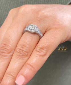 14k Solid White Gold Cushion Cut Forever One Moissanite and Natural Round And Trapezoids Diamond Engagement Ring Halo 2.00ctw