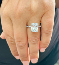 Load image into Gallery viewer, 14K Solid White Gold Radiant Cut Moissanite And Round Cut Natural Diamonds Engagement Ring, Anniversary, Four prong, Solitaire 4.30ctw
