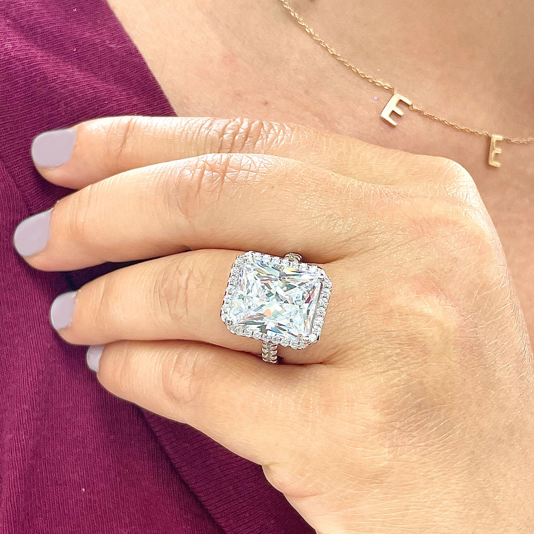 HUGE 10CT 14K Solid White Gold Radiant Moissanite and Natural Round Cut Diamonds Engagement Ring Halo Prong Set Wedding Bridal 10.70ct