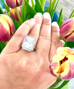 HUGE 10CT 14K Solid White Gold Radiant Moissanite and Natural Round Cut Diamonds Engagement Ring Halo Prong Set Wedding Bridal 10.70ct