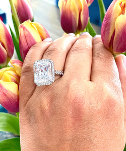HUGE 10CT 14K Solid White Gold Radiant Moissanite and Natural Round Cut Diamonds Engagement Ring Halo Prong Set Wedding Bridal 10.70ct