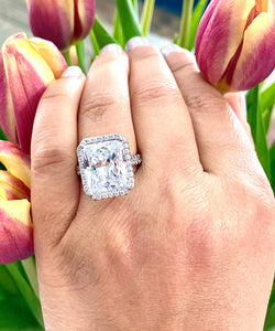 HUGE 10CT 14K Solid White Gold Radiant Moissanite and Natural Round Cut Diamonds Engagement Ring Halo Prong Set Wedding Bridal 10.70ct