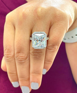 HUGE 10CT 14K Solid White Gold Radiant Moissanite and Natural Round Cut Diamonds Engagement Ring Halo Prong Set Wedding Bridal 10.70ct