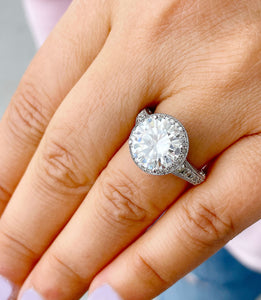 Huge 14K Solid Heavy White Gold Round Cut Moissanite and Natural Diamond Engagement Ring Halo Prong Filigree Antique Deco 6.30ct