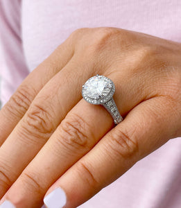 Huge 14K Solid Heavy White Gold Round Cut Moissanite and Natural Diamond Engagement Ring Halo Prong Filigree Antique Deco 6.30ct