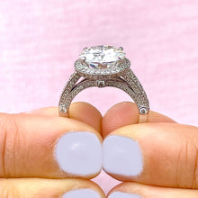 Load image into Gallery viewer, Huge 14K Solid Heavy White Gold Round Cut Moissanite and Natural Diamond Engagement Ring Halo Prong Filigree Antique Deco 6.30ct
