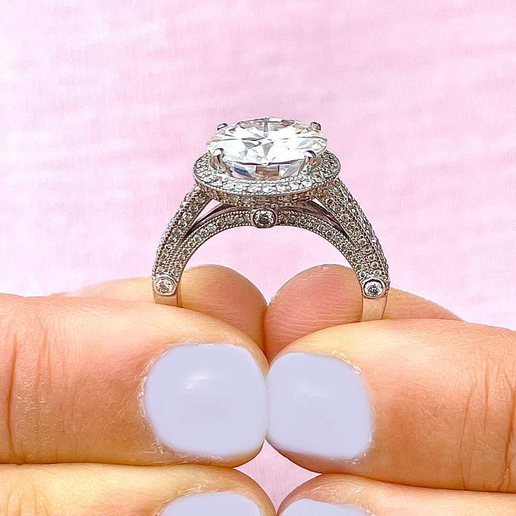 Huge 14K Solid Heavy White Gold Round Cut Moissanite and Natural Diamond Engagement Ring Halo Prong Filigree Antique Deco 6.30ct