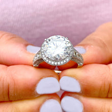 Load image into Gallery viewer, Huge 14K Solid Heavy White Gold Round Cut Moissanite and Natural Diamond Engagement Ring Halo Prong Filigree Antique Deco 6.30ct
