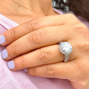 Huge 14K Solid Heavy White Gold Round Cut Moissanite and Natural Diamond Engagement Ring Halo Prong Filigree Antique Deco 6.30ct
