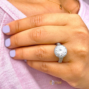 Huge 14K Solid Heavy White Gold Round Cut Forever One Moissanite and Natural Diamond Engagement Ring Halo Prong Filigree Antique Deco 6.30ct