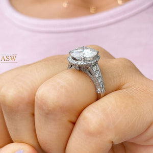 Huge 14K Solid Heavy White Gold Round Cut Forever One Moissanite and Natural Diamond Engagement Ring Halo Prong Filigree Antique Deco 6.30ct