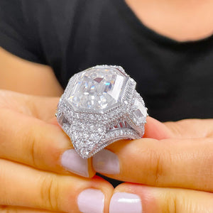 HUGE And Heavy 14k Solid white gold emerald cut moissanite engagement ring bezel and prong set bridal wedding Propose Anniversary 16.50ctw