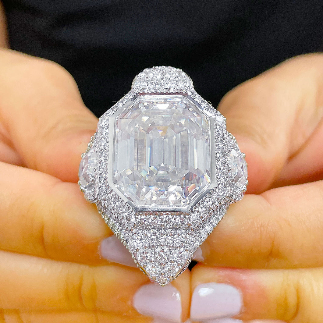 HUGE And Heavy 14k Solid white gold emerald cut moissanite engagement ring bezel and prong set bridal wedding Propose Anniversary 16.50ctw