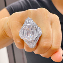 Load image into Gallery viewer, HUGE And Heavy 14k Solid white gold emerald cut moissanite engagement ring bezel and prong set bridal wedding Propose Anniversary 16.50ctw
