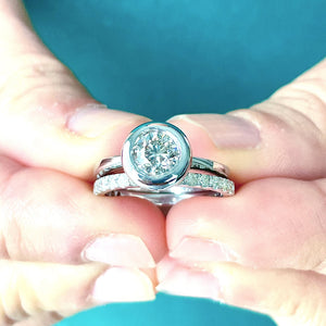 14k Solid White Gold Round Cut Forever One Moissanite and Natural Diamond Engagement Ring And Band Bezel Set Halo 1.40ctw