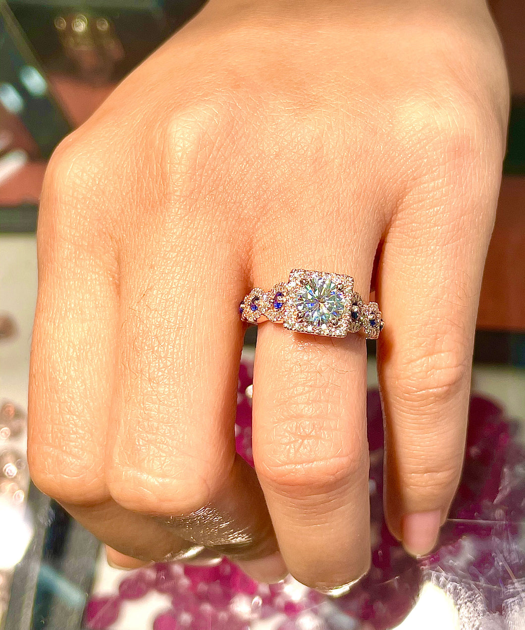 Stunning 2.00 Carat Round Simulated Diamonds And Sapphires Engagement Ring Antique Deco Design Bridal Halo Wedding 14k Solid Rose gold
